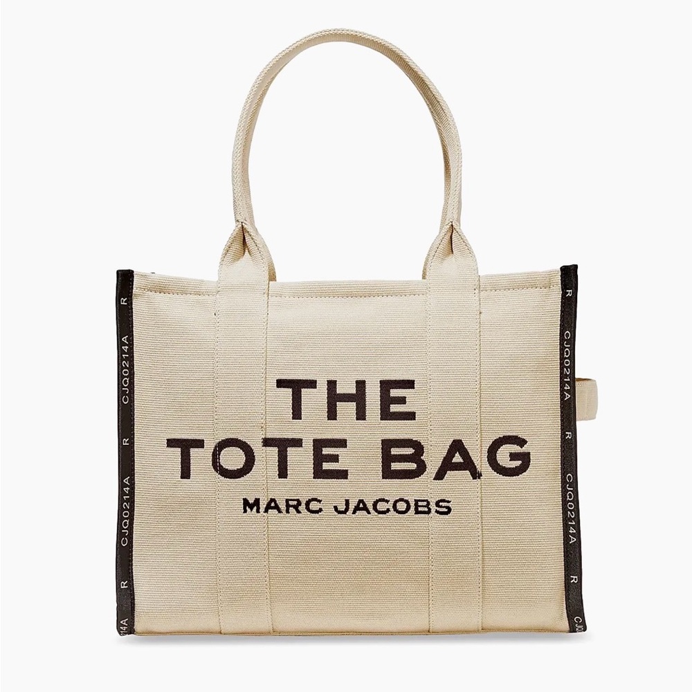 Marc Jacobs The Tote Bag – Large Canvas – Beige/Cream with Black Logo – Zip Top